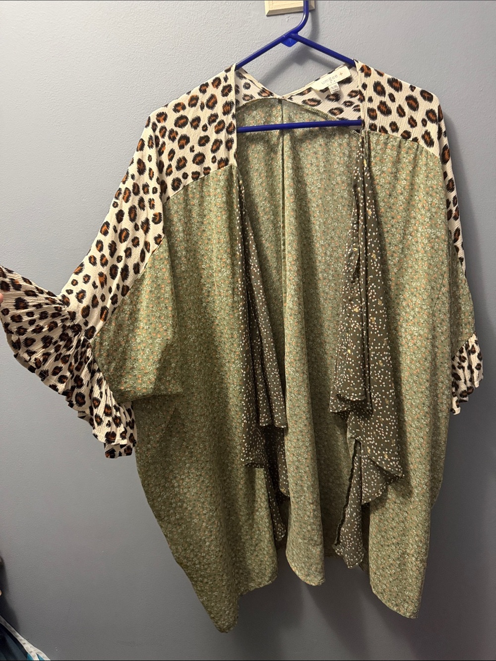 Umgee Olive Green Mixed-Print Draped Kimono with Leopard Accents